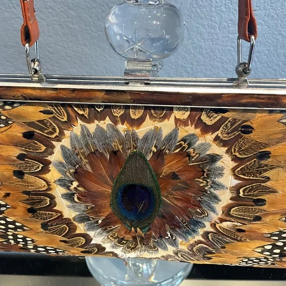 VTG Outdoor Forest Fairytale Wedding Feather Frame Bag Woodsy Bride Brown Blue - Picture 6 of 16